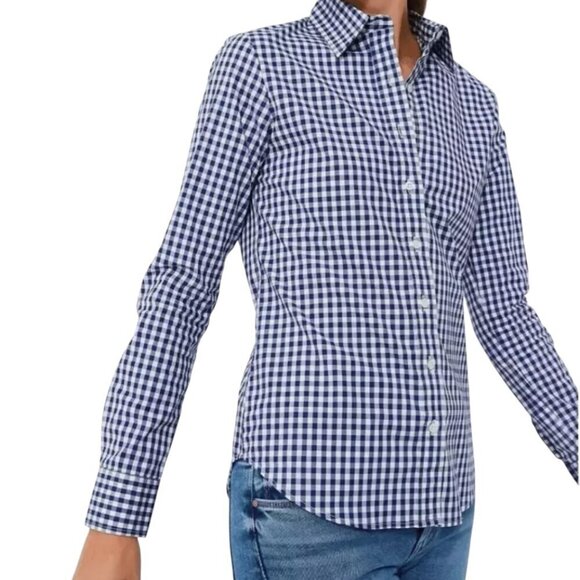 New UNTUCKit Women's Shirt Navy Blue & White Gingham Belleza Button Up size 4 - Picture 2 of 8